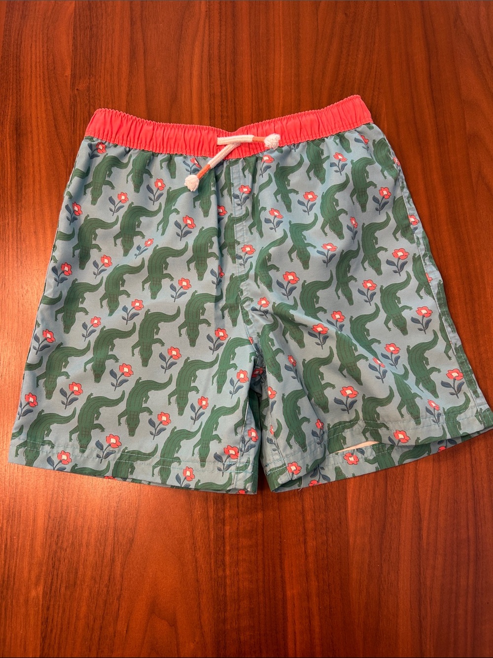 Mini Boden Coral Waistband Swim Shorts with Green Alligator Print